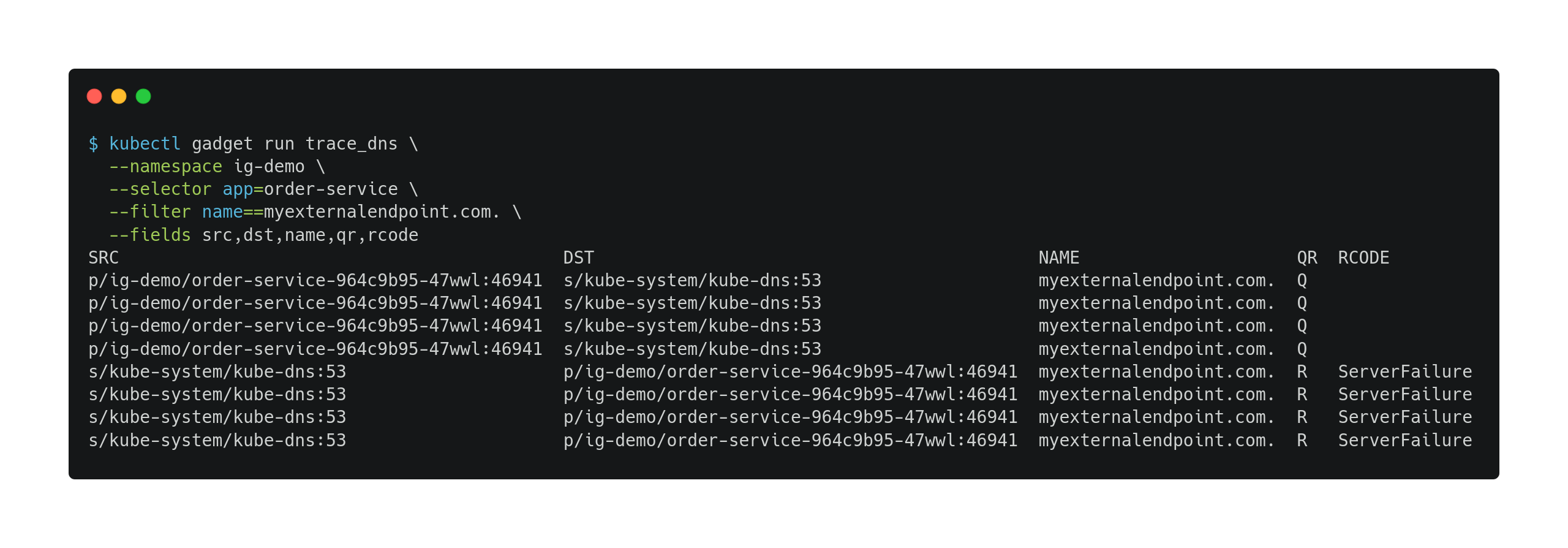 DNS traffic between order-service app and in-cluster DNS service for "myexternalendpoint.com." domain name